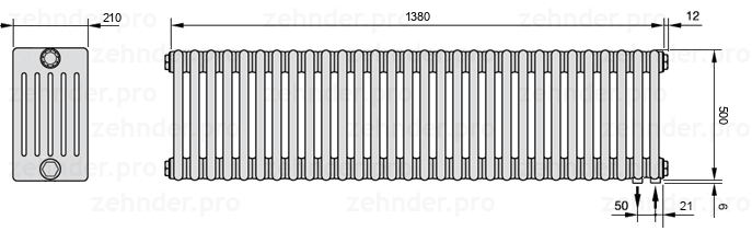 Схема (чертеж) Радиатор Zehnder Charleston 6050/30 №5510 Белый глянцевый RAL 9016